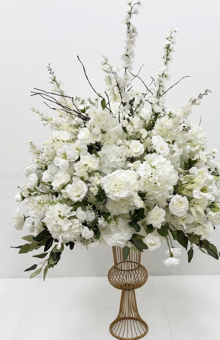 White Floral Arrangement in Gold Vase